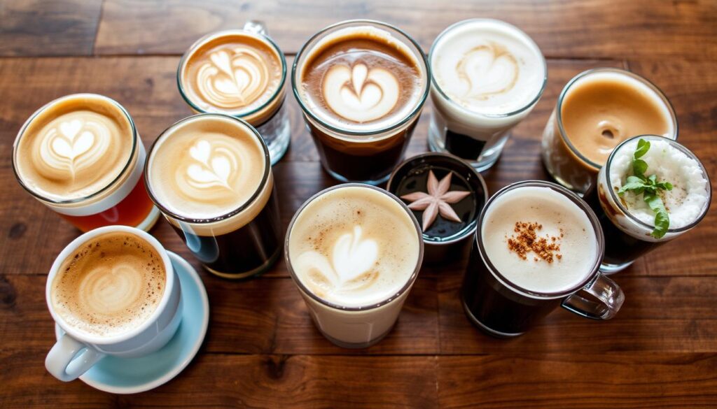 A collection of specialty coffee drinks from various Lynchburg coffee shops arranged together A collection of specialty coffee drinks from various Lynchburg coffee shops arranged together