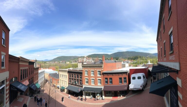 A panoramic view of downtown Lynchburg, Virginia, showing historic buildings and the vibrant coffee culture scene