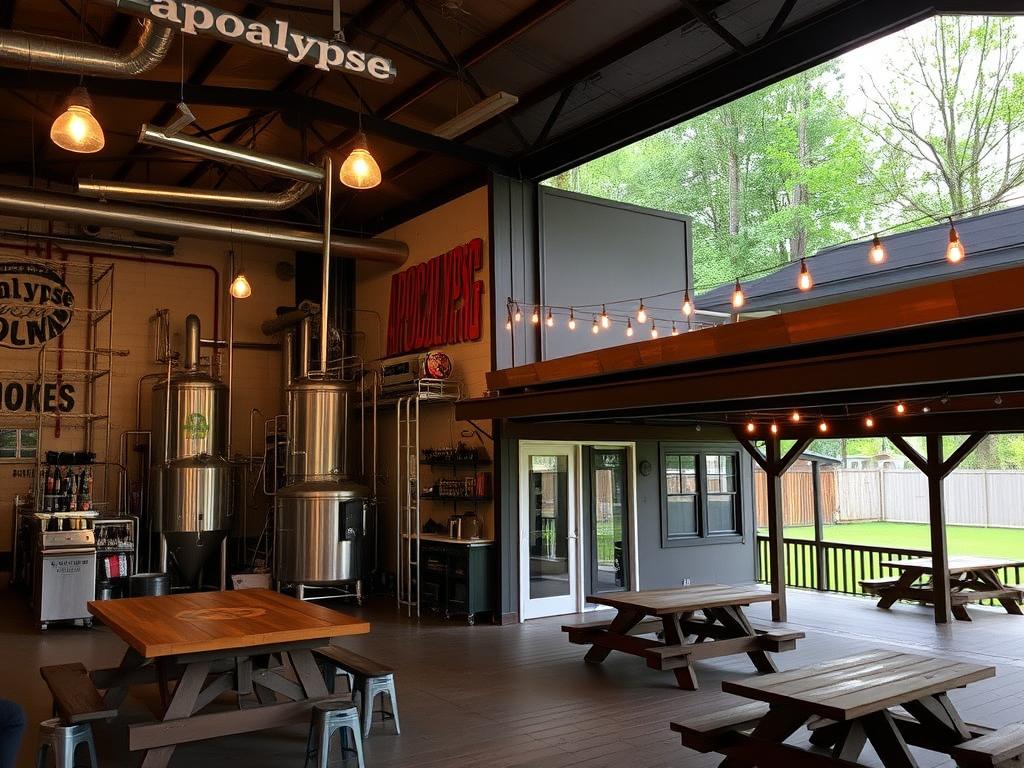 Apocalypse Ale Works in Bedford Virginia showing the brewery and outdoor seating area Apocalypse Ale Works in Bedford Virginia showing the brewery and outdoor seating area