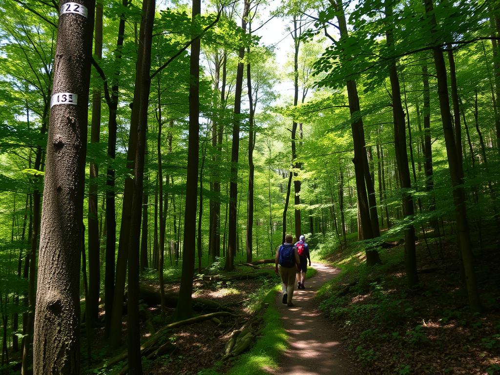 Appalachian Trail section in Bedford Virginia showing trail markers and forest path