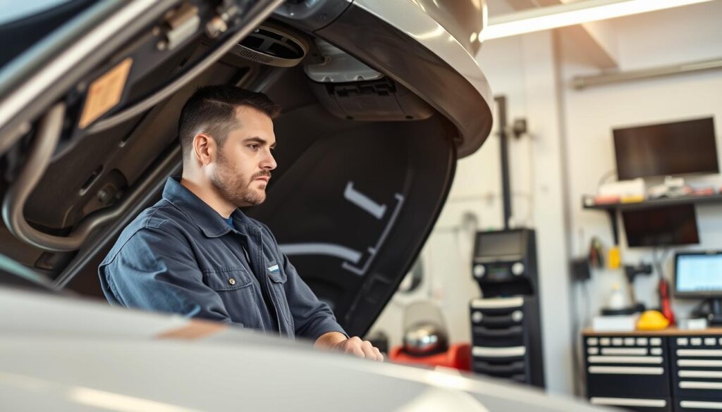 Auto mechanic working on a car in a Lynchburg Virginia repair shop Auto mechanic working on a car in a Lynchburg Virginia repair shop