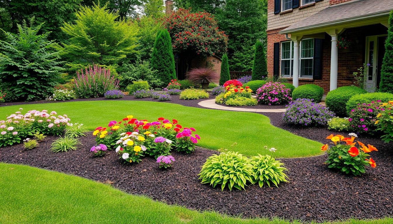 Beautiful landscaped garden in Lynchburg, Virginia with flowering plants and manicured lawn
