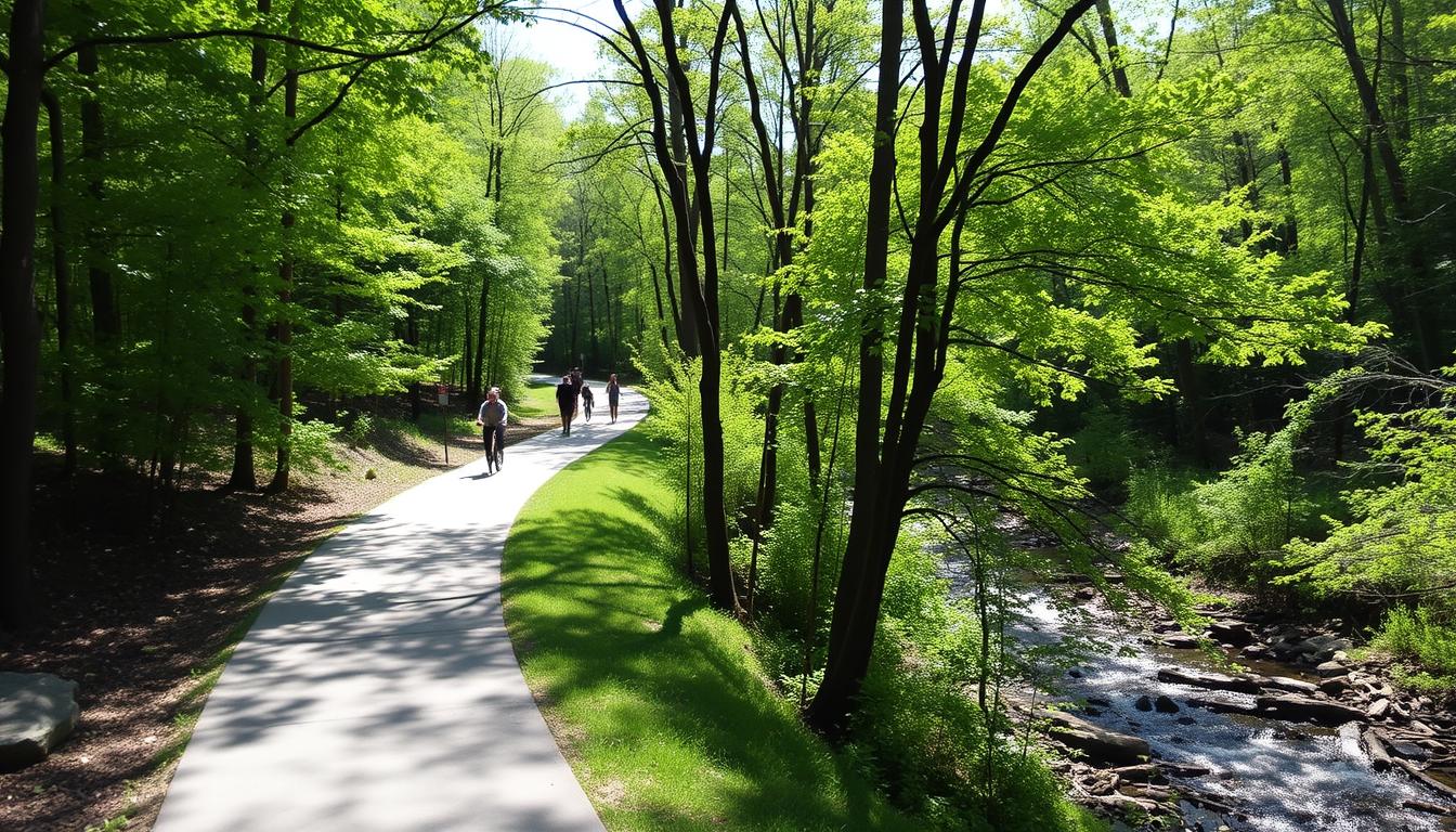 Blackwater Creek Trail in Lynchburg Virginia with people hiking and biking along the scenic path