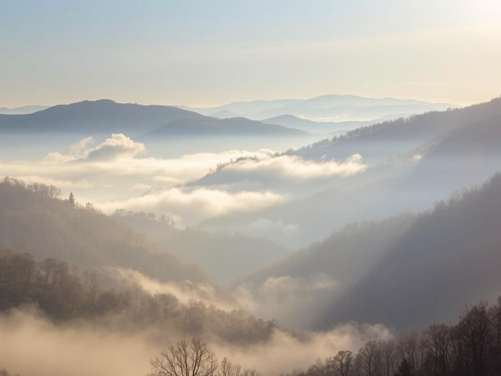 Blue Ridge Parkway fog-filled valley view in Bedford Virginia