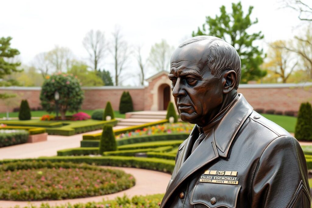 Bronze statue of General Eisenhower in the English Garden at the D-Day Memorial Bedford Virginia Bronze statue of General Eisenhower in the English Garden at the D-Day Memorial Bedford Virginia
