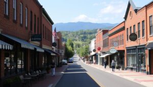 Downtown Bedford, Virginia with historic buildings and restaurants along Main Street