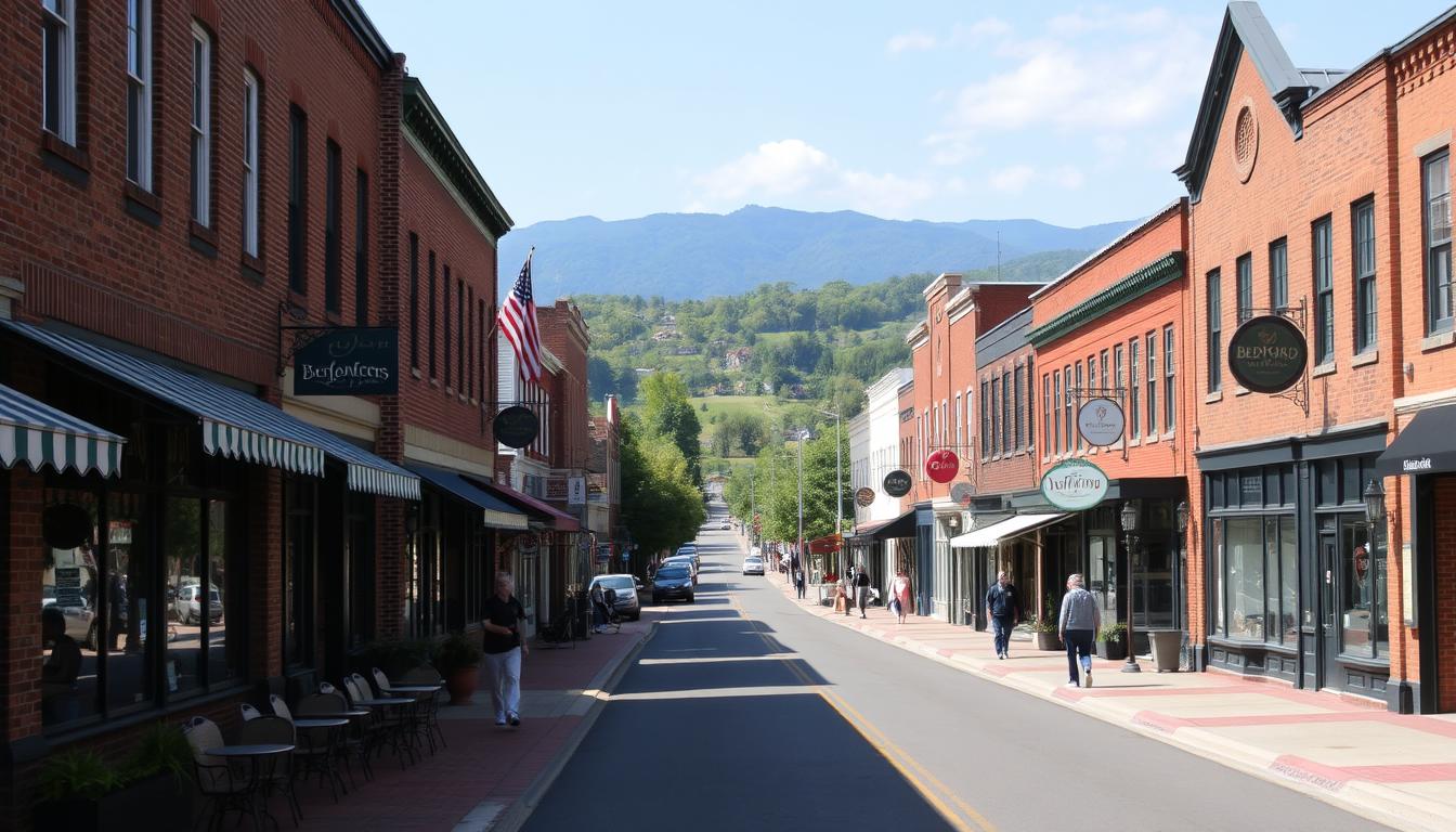 Downtown Bedford, Virginia with historic buildings and restaurants along Main Street
