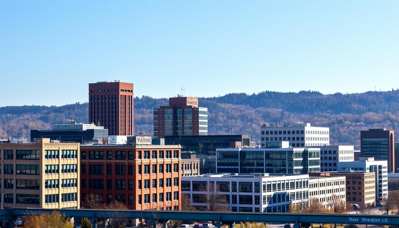 Downtown Lynchburg Virginia skyline showing the business district where many essential services are located