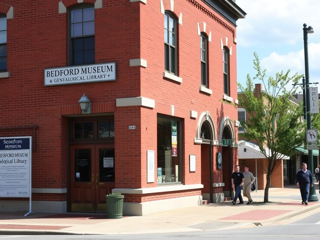 Exterior of the Bedford Museum and Genealogical Library in downtown Bedford Exterior of the Bedford Museum and Genealogical Library in downtown Bedford
