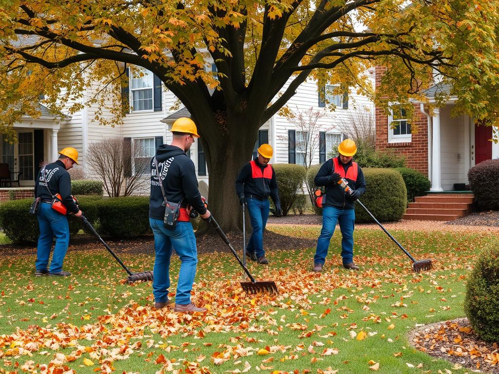 Fall leaf removal service in Lynchburg with workers clearing leaves from a property Fall leaf removal service in Lynchburg with workers clearing leaves from a property