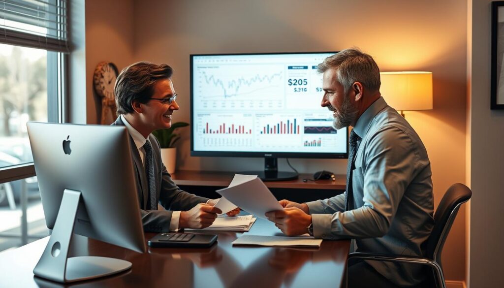 Financial advisor meeting with client in Lynchburg Virginia office, representing essential financial services Financial advisor meeting with client in Lynchburg Virginia office, representing essential financial services