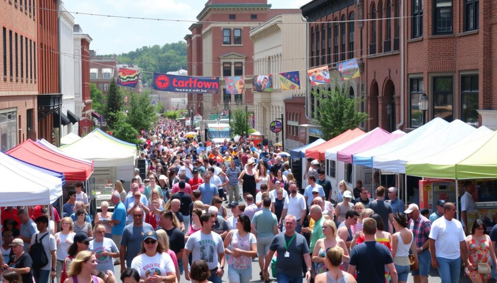 Get Downtown festival in Lynchburg Virginia with crowds enjoying live music and vendors Get Downtown festival in Lynchburg Virginia with crowds enjoying live music and vendors