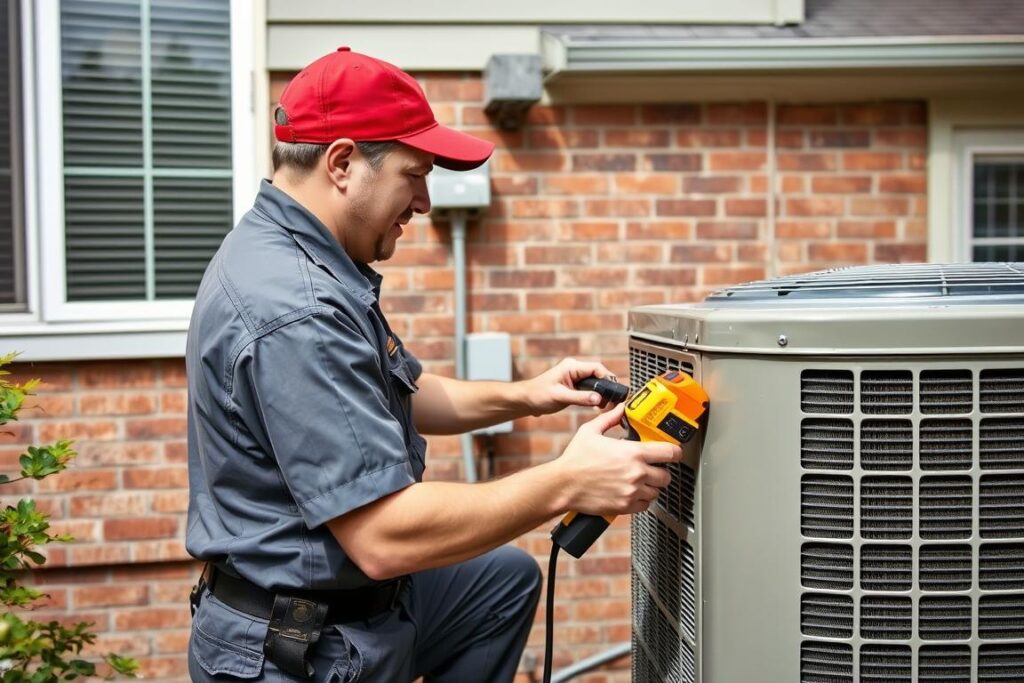 HVAC technician servicing an air conditioning unit in Lynchburg Virginia HVAC technician servicing an air conditioning unit in Lynchburg Virginia