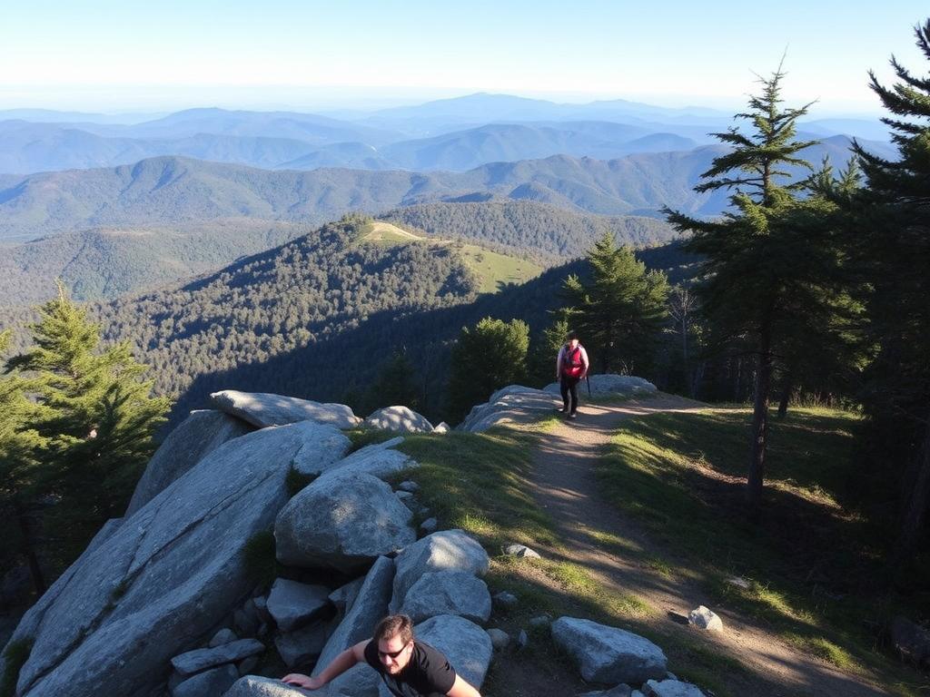 Hikers on Peaks of Otter Trail with mountain views in Bedford Virginia