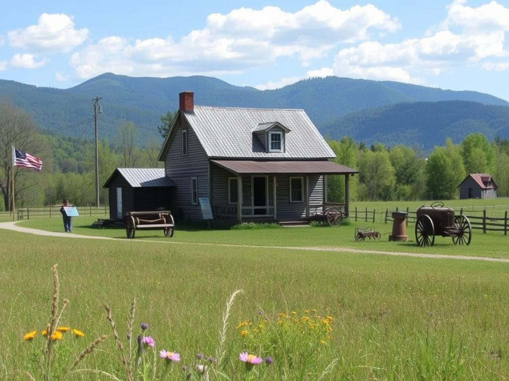 Historic Johnson Farm Trail in Bedford Virginia showing farmhouse and mountain backdrop
