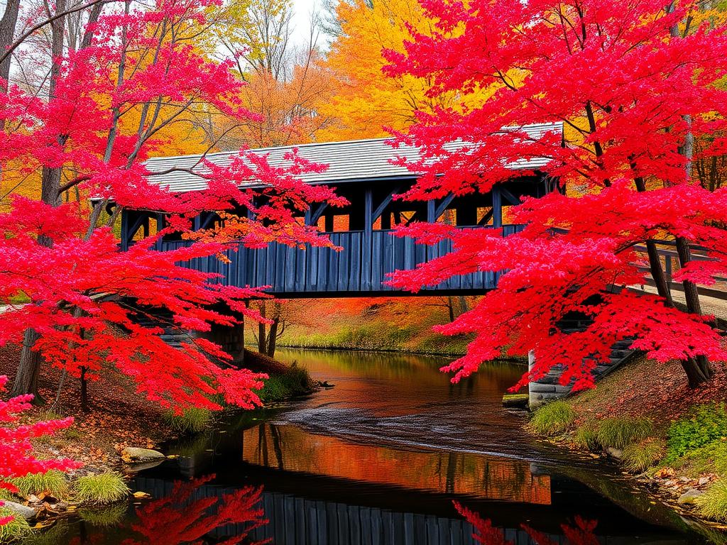 Historic covered bridge with fall foliage in Bedford Virginia