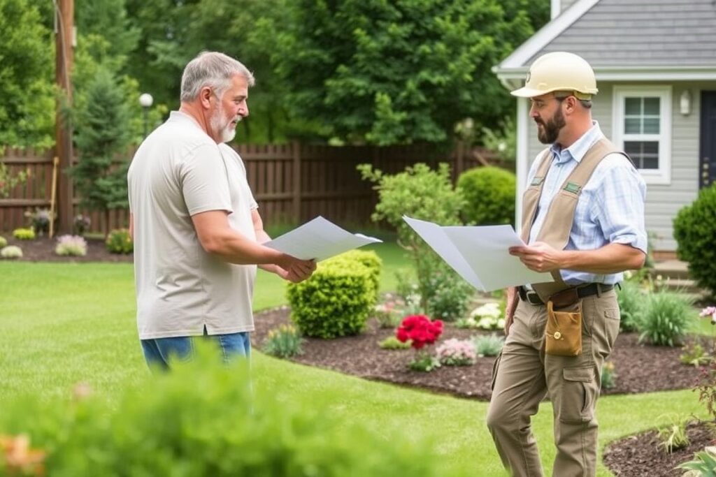 Homeowner meeting with a Lynchburg landscaping professional to discuss lawn care plans Homeowner meeting with a Lynchburg landscaping professional to discuss lawn care plans