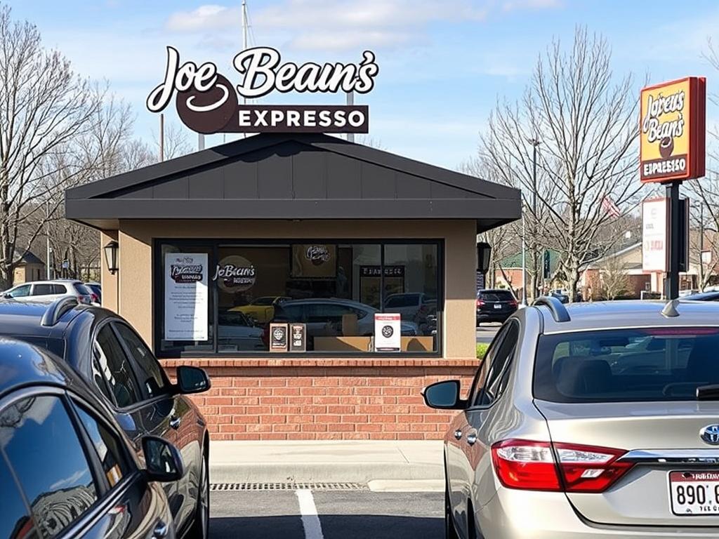 Joe Bean's Express Espresso drive-through location with cars in line Joe Bean's Express Espresso drive-through location with cars in line
