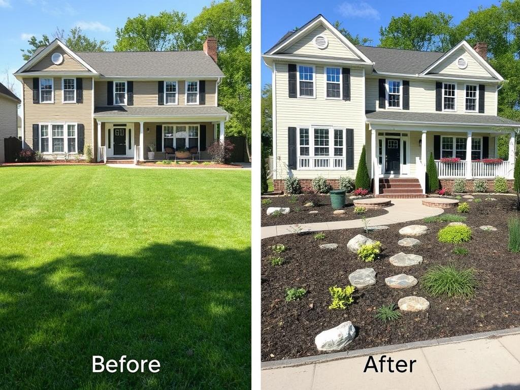Landscape design project in Lynchburg showing before and after transformation of a front yard Landscape design project in Lynchburg showing before and after transformation of a front yard