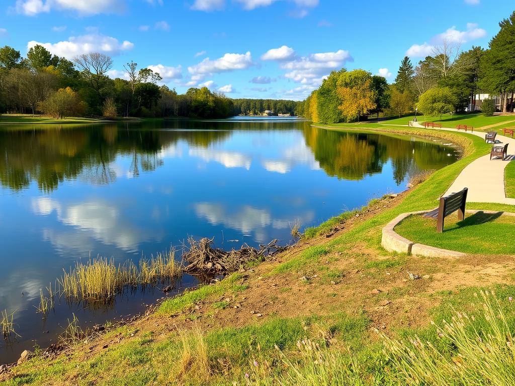Liberty Lake Park in Bedford Virginia showing lake views and walking paths