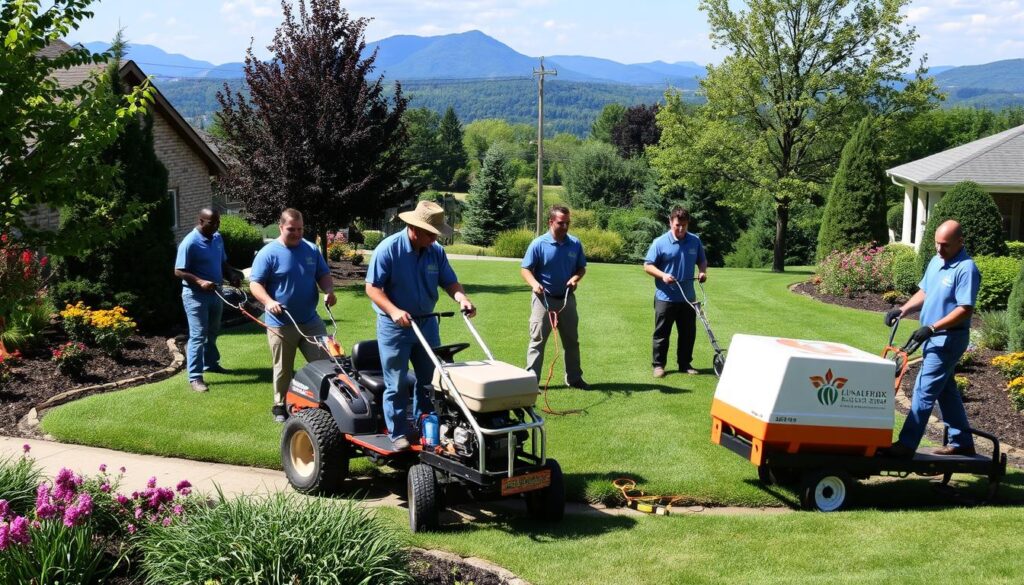 Local Lynchburg landscaping team working on a property with Blue Ridge Mountains in background Local Lynchburg landscaping team working on a property with Blue Ridge Mountains in background