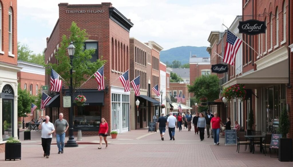 Main Street in historic downtown Bedford, Virginia with shops and restaurants Main Street in historic downtown Bedford, Virginia with shops and restaurants