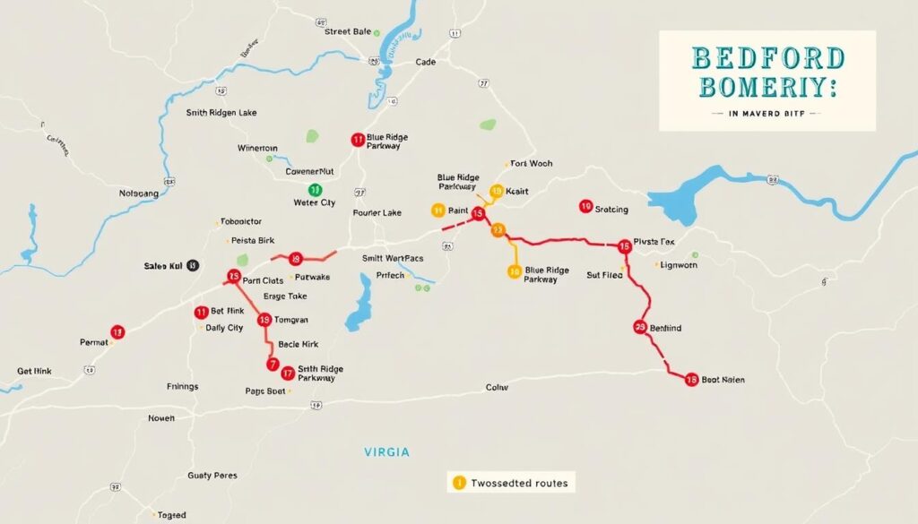 Map of Bedford Virginia wineries and breweries trail with suggested weekend routes Map of Bedford Virginia wineries and breweries trail with suggested weekend routes