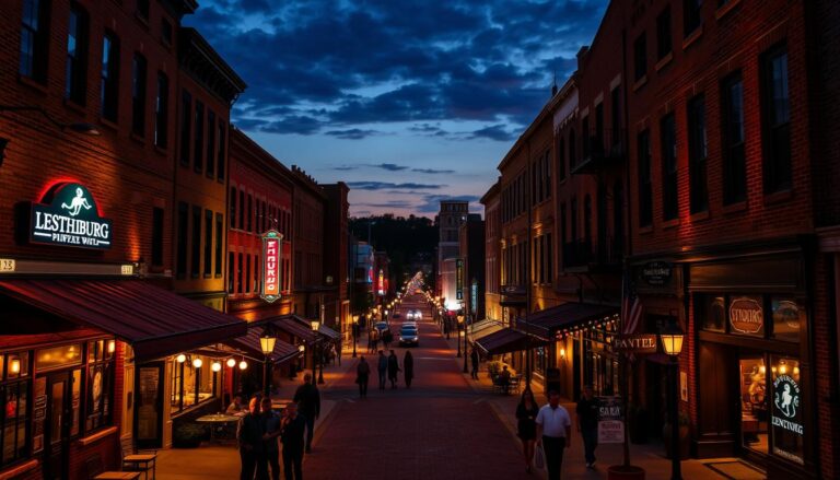 Nighttime view of downtown Lynchburg Virginia showing illuminated entertainment district with Best Nightlife and Entertainment in Lynchburg Virginia