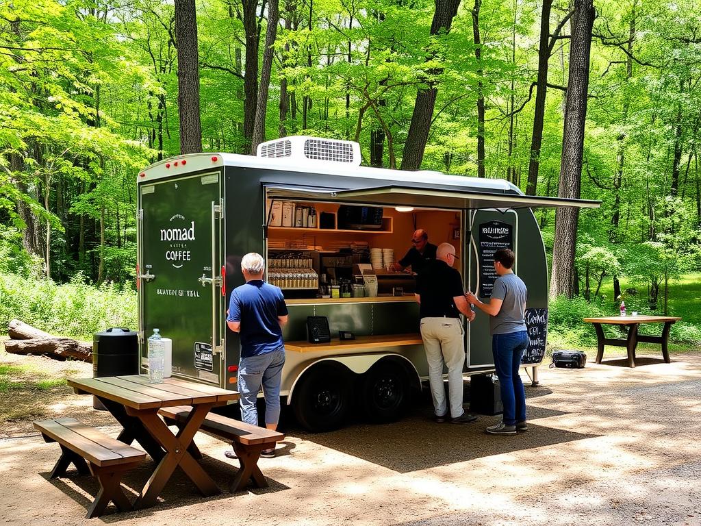 Nomad Coffee's trailer setup at Blackwater Creek Trail with customers ordering coffee Nomad Coffee's trailer setup at Blackwater Creek Trail with customers ordering coffee