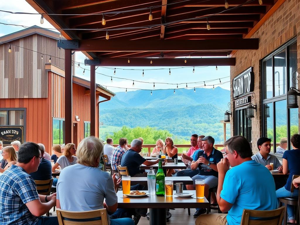Outdoor seating area at Sharp Top Brewery in Bedford with mountain views