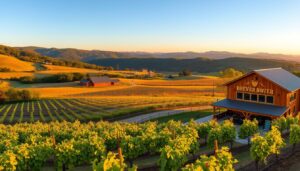 Panoramic view of Bedford Virginia wineries and breweries with Blue Ridge Mountains in the background