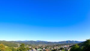 Panoramic view of Bedford, Virginia with the Blue Ridge Mountains in the background
