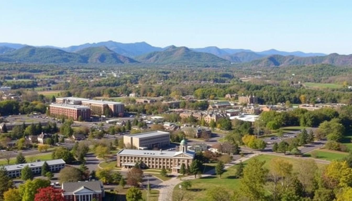 Panoramic view of Lynchburg Virginia showing local health and wellness facilities with mountains in background