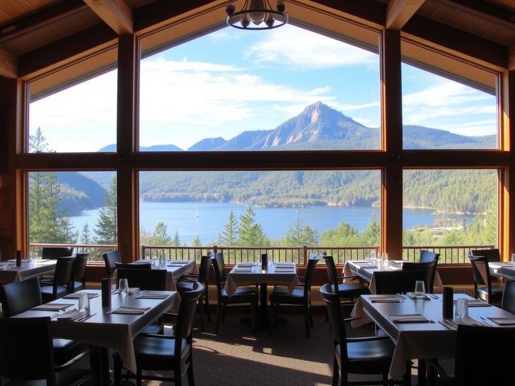 Peaks of Otter Lodge Restaurant with views of Abbott Lake and Sharp Top Mountain Peaks of Otter Lodge Restaurant with views of Abbott Lake and Sharp Top Mountain