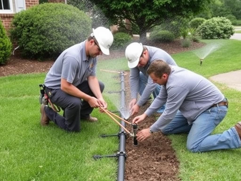 Professional irrigation system installation in Lynchburg with technicians working on sprinkler setup Professional irrigation system installation in Lynchburg with technicians working on sprinkler setup