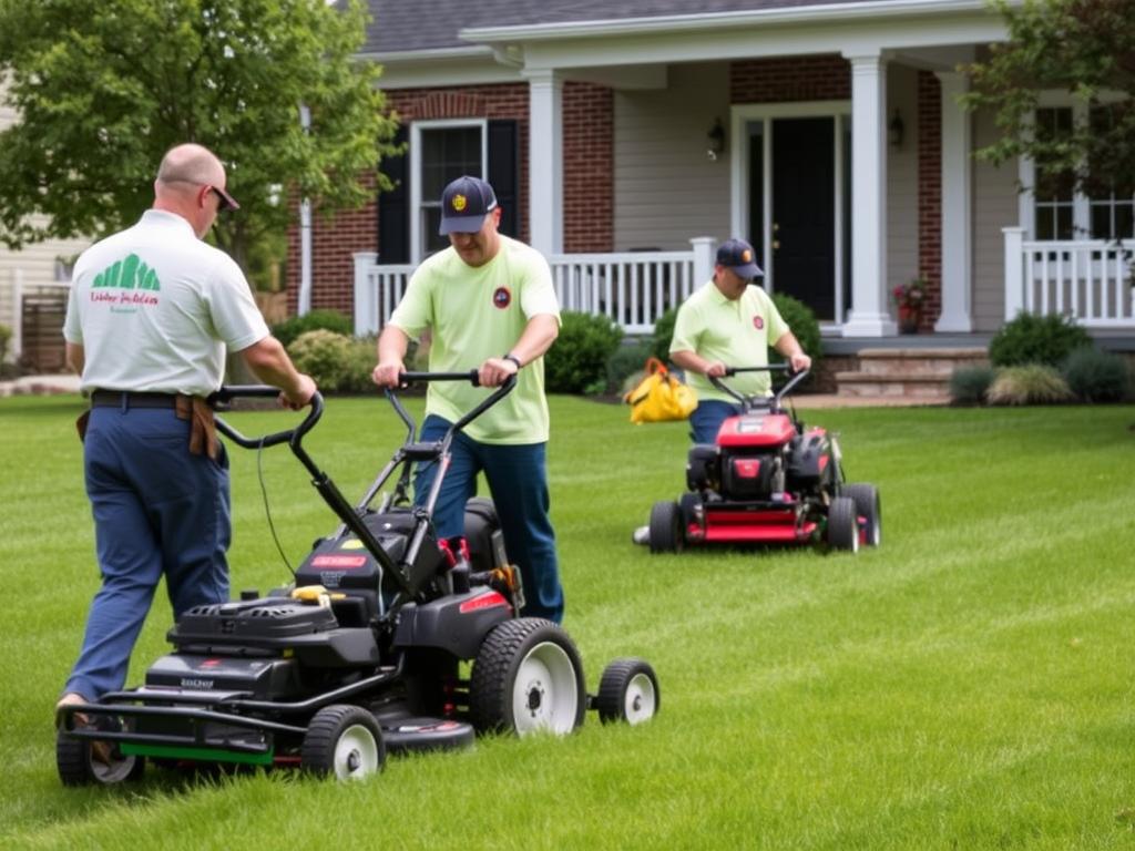 Professional lawn mowing service in Lynchburg with uniformed crew working on a residential property Professional lawn mowing service in Lynchburg with uniformed crew working on a residential property