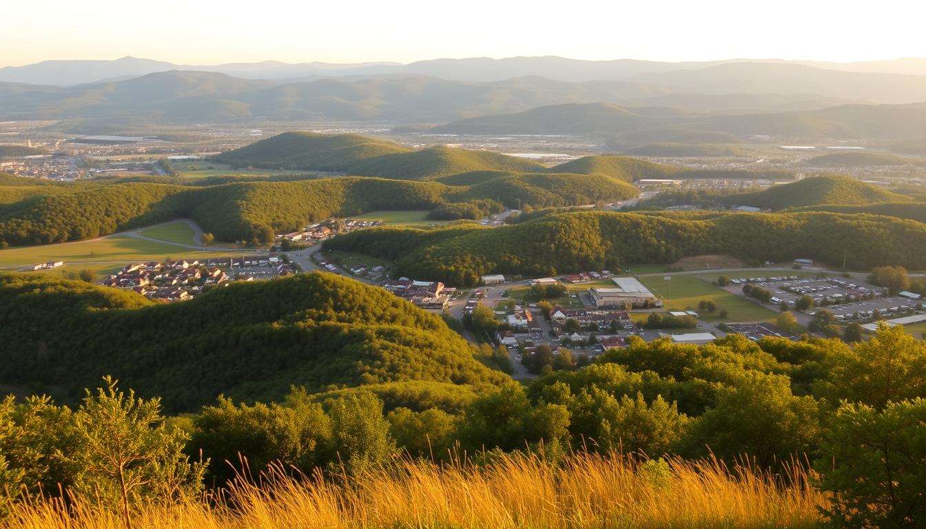 Scenic view of Lynchburg Virginia with Blue Ridge Mountains in the background, perfect for weddings and events