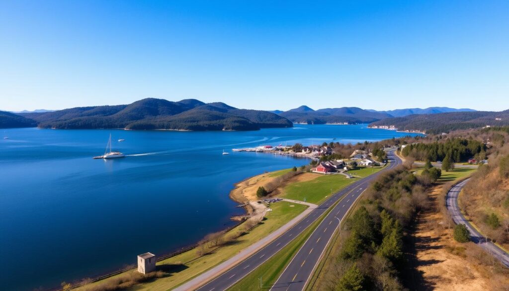 Smith Mountain Lake scenic drive in Bedford Virginia showing lakeside views