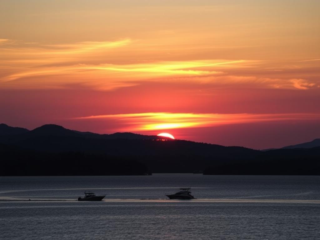 Smith Mountain Lake sunset with boats in Bedford Virginia