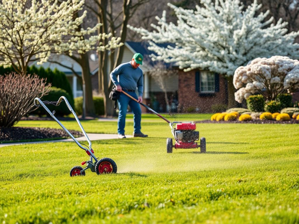 Spring lawn care in Lynchburg with aeration and seeding being performed Spring lawn care in Lynchburg with aeration and seeding being performed
