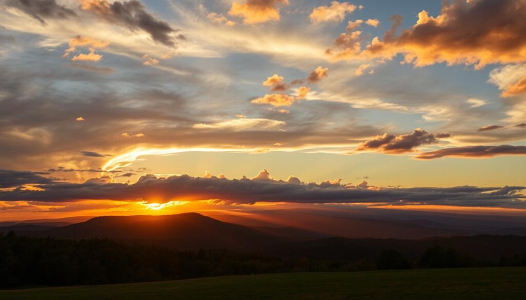 Sunset over Bedford Virginia landscape showing mountains and forests