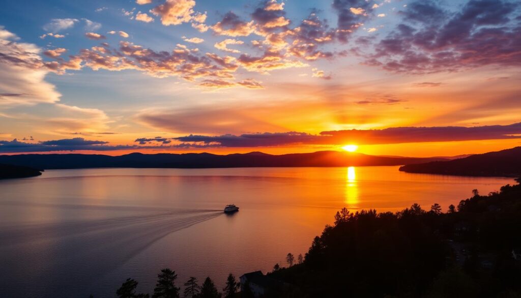 Sunset over Smith Mountain Lake with boats and mountains in the background Sunset over Smith Mountain Lake with boats and mountains in the background