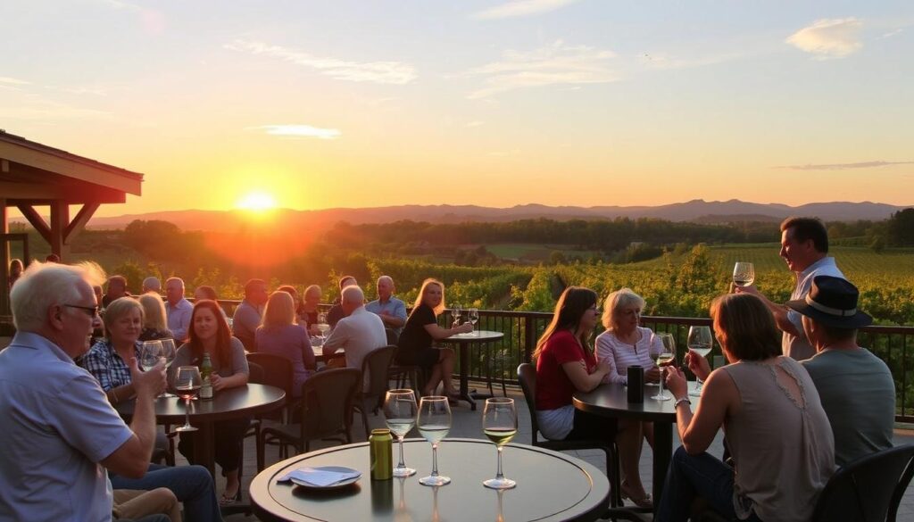 Sunset view of Bedford Virginia wineries and breweries with people enjoying outdoor tastings Sunset view of Bedford Virginia wineries and breweries with people enjoying outdoor tastings