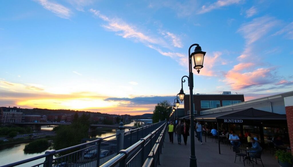 The Bluffwalk in Lynchburg Virginia at sunset with views of the James River The Bluffwalk in Lynchburg Virginia at sunset with views of the James River