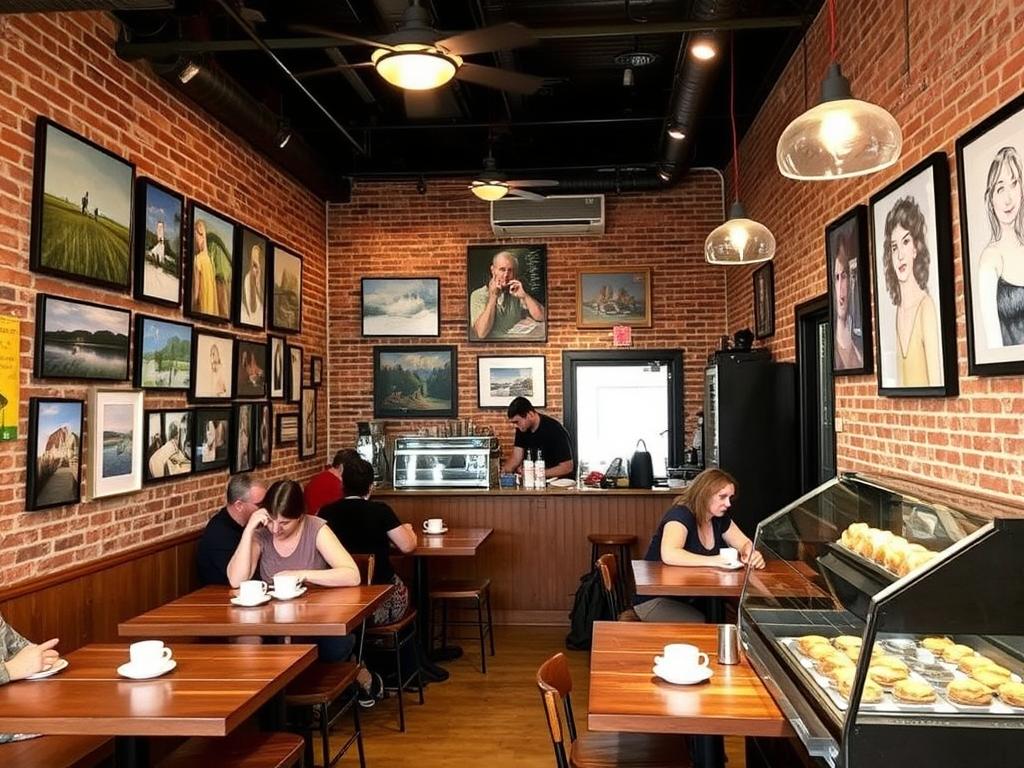 The cozy interior of 5th St. Grind with local art on the walls and customers enjoying coffee The cozy interior of 5th St. Grind with local art on the walls and customers enjoying coffee