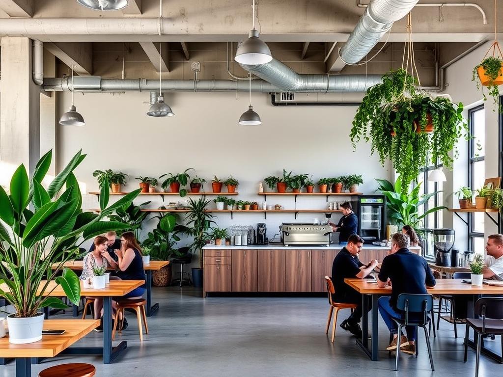 The industrial-chic interior of Golf Park Coffee Co. with plants and customers The industrial-chic interior of Golf Park Coffee Co. with plants and customers