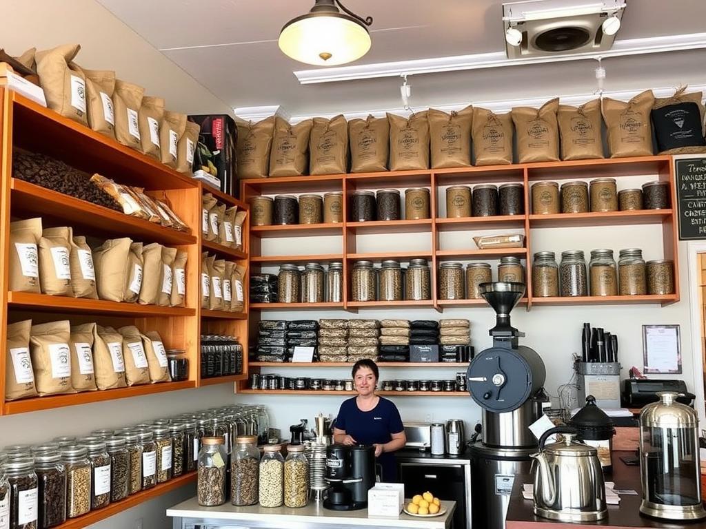The interior of Grains of Sense in the Lynchburg Community Market showing coffee beans and tea selection The interior of Grains of Sense in the Lynchburg Community Market showing coffee beans and tea selection