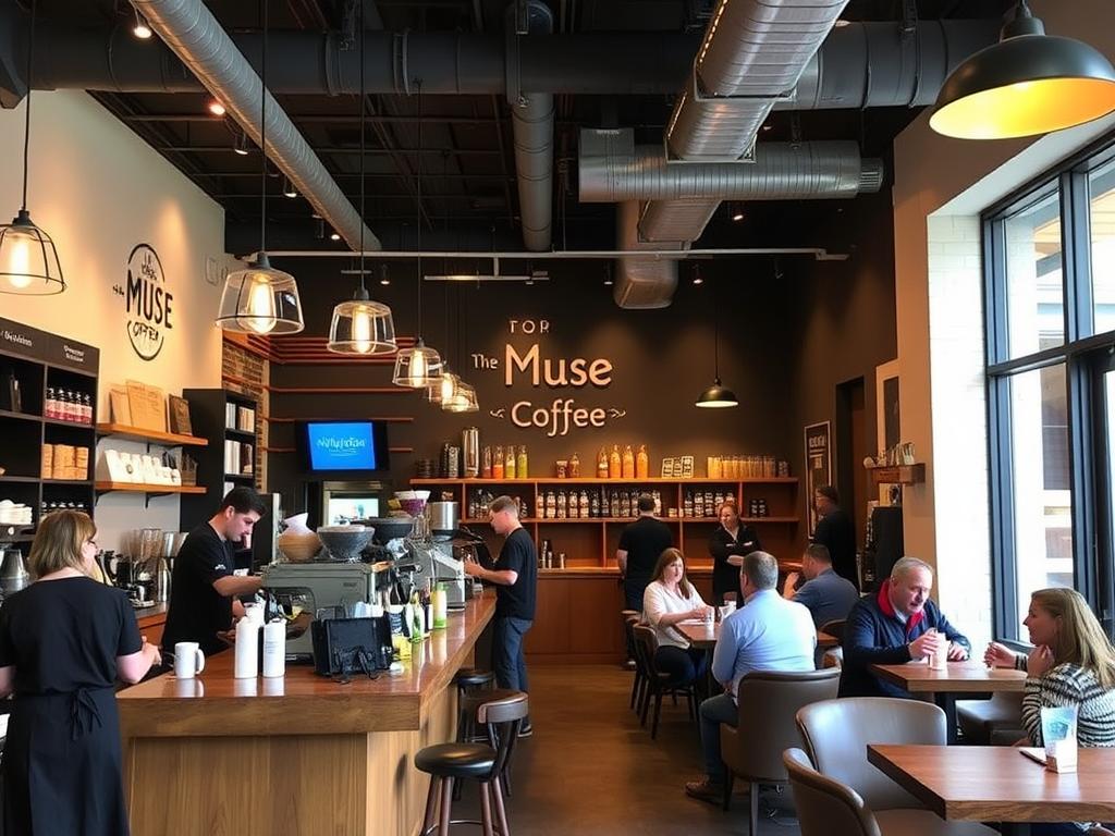 The interior of The Muse Coffee Company in Lynchburg showing their coffee bar and seating area The interior of The Muse Coffee Company in Lynchburg showing their coffee bar and seating area