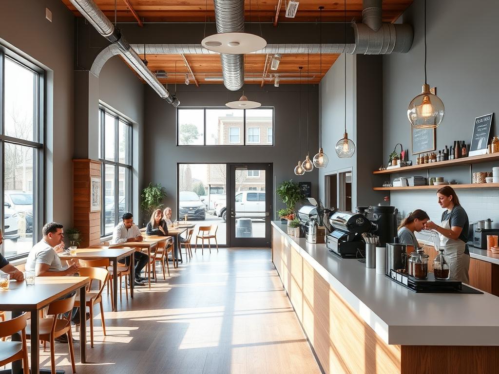 The modern interior of Mission House Coffee with customers enjoying beverages The modern interior of Mission House Coffee with customers enjoying beverages