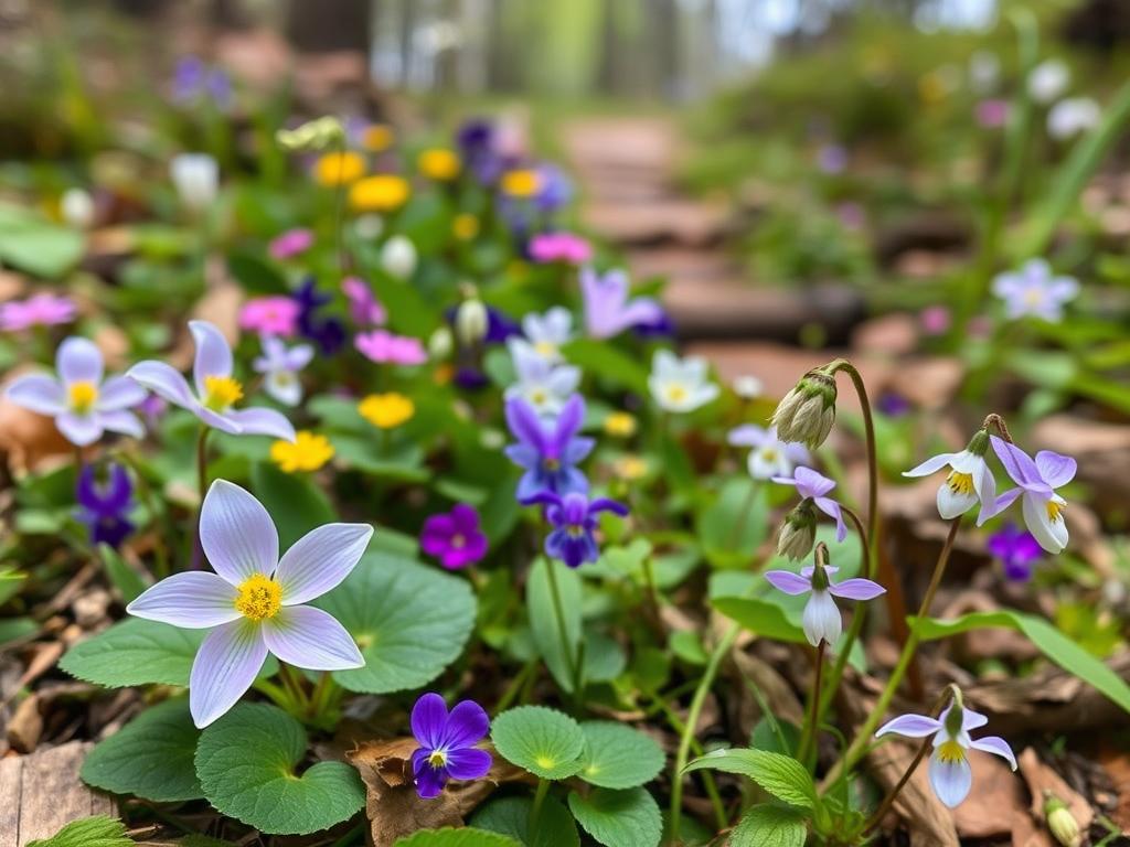Wildflowers along Bedford Virginia hiking trail in spring